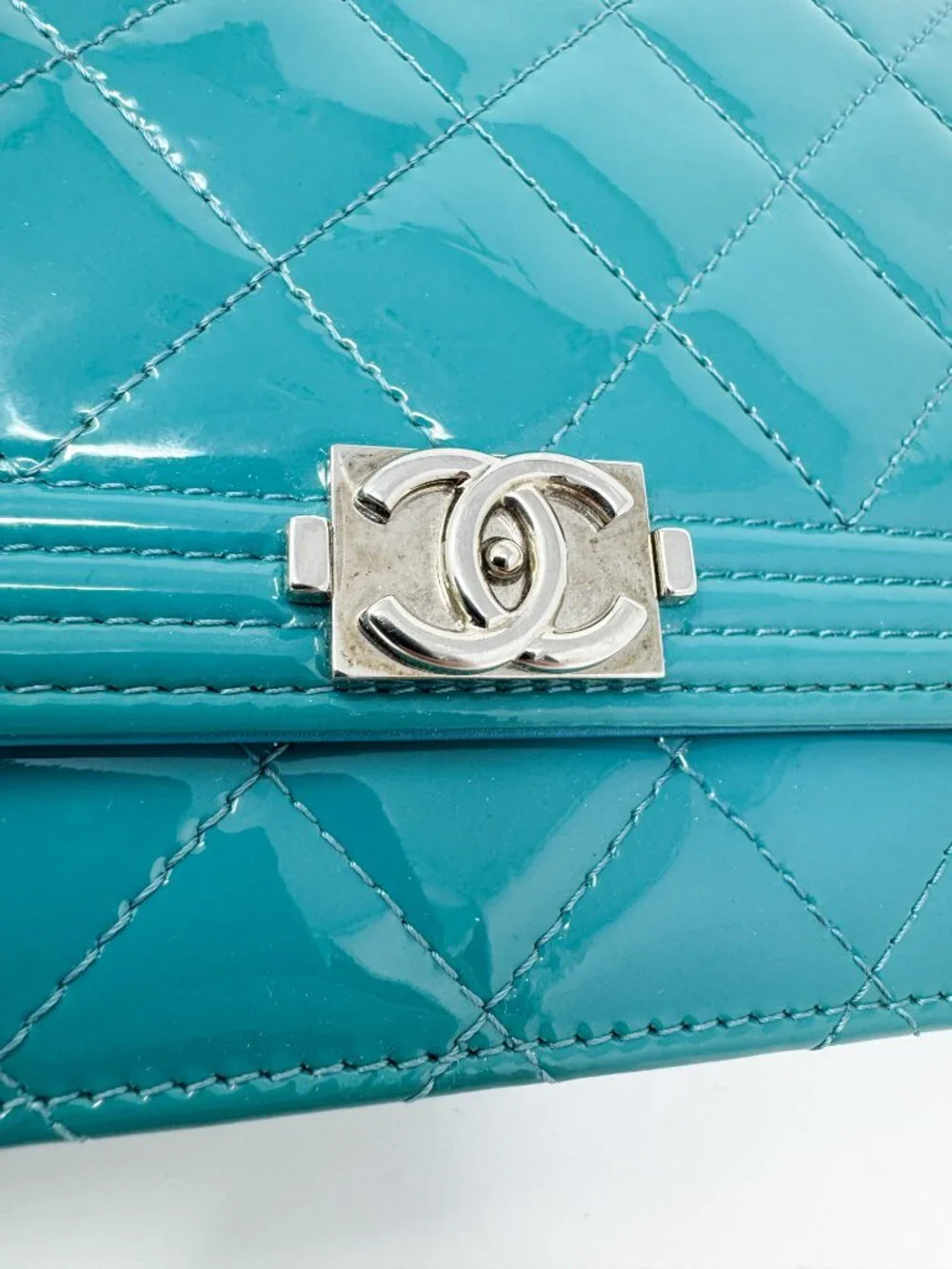 Chanel Turquoise Quilted Patent Leather Wallet on Chain